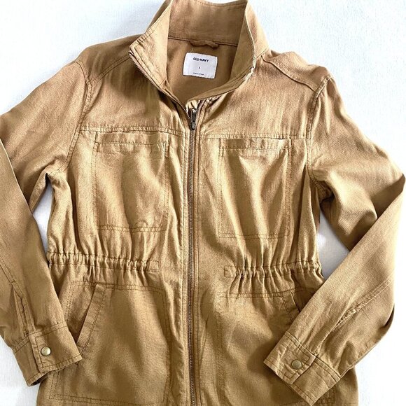 Old Navy tan linen blend utility jacket Women's Small lightweight pockets preppy - Picture 2 of 8